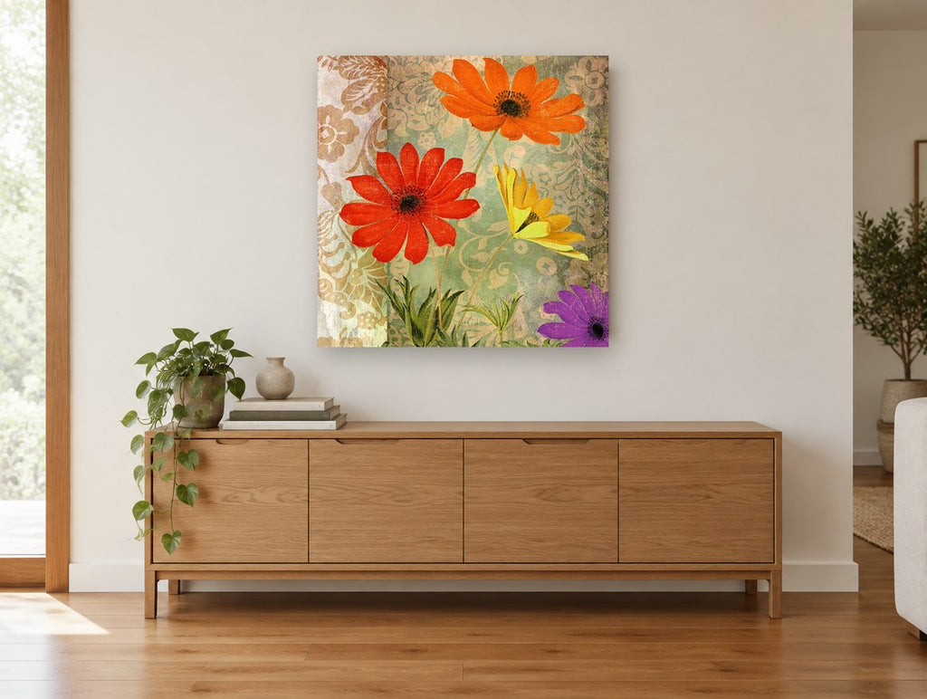 Fiesta Damask Blooms floral canvas print on the wall of a living room above a sideboard