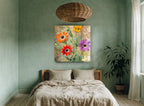 Four Daisies on Damask floral canvas print on the wall of a bedroom