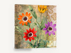 Four Daisies on Damask, colourful daisy flowers damask background, floral canvas wall art print ready to hang