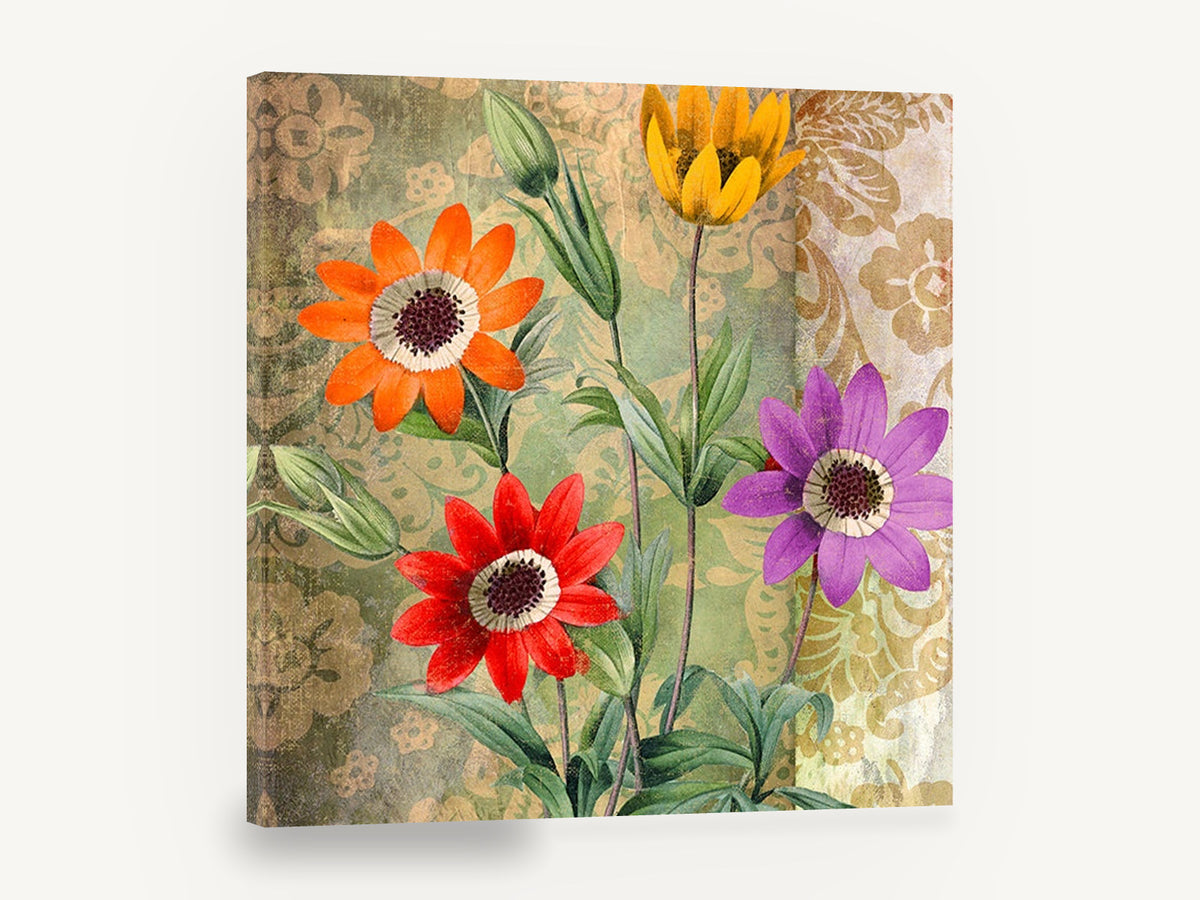 Four Daisies on Damask, colourful daisy flowers damask background, floral canvas wall art print ready to hang