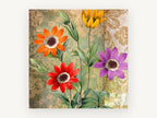 Four Daisies on Damask, floral canvas wall art print, front view