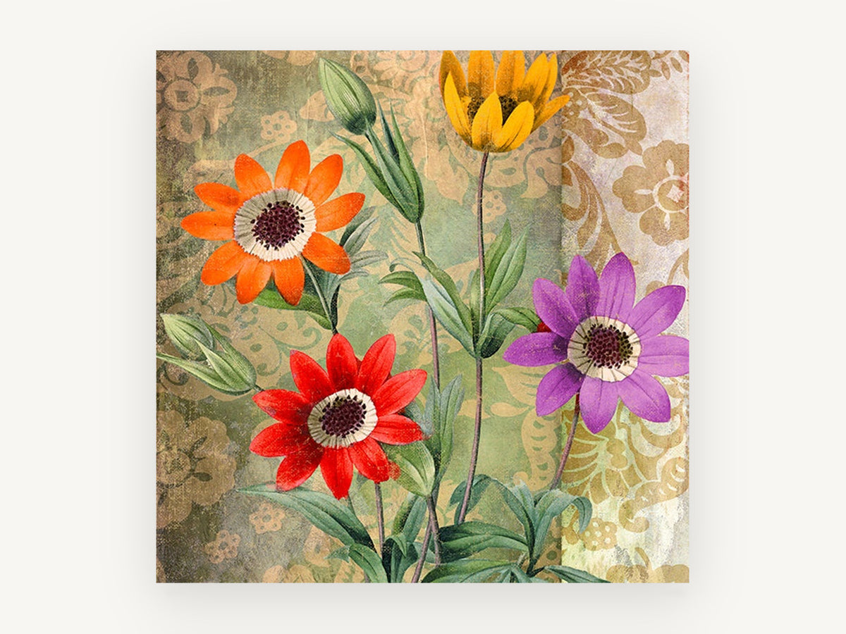 Four Daisies on Damask, floral canvas wall art print, front view