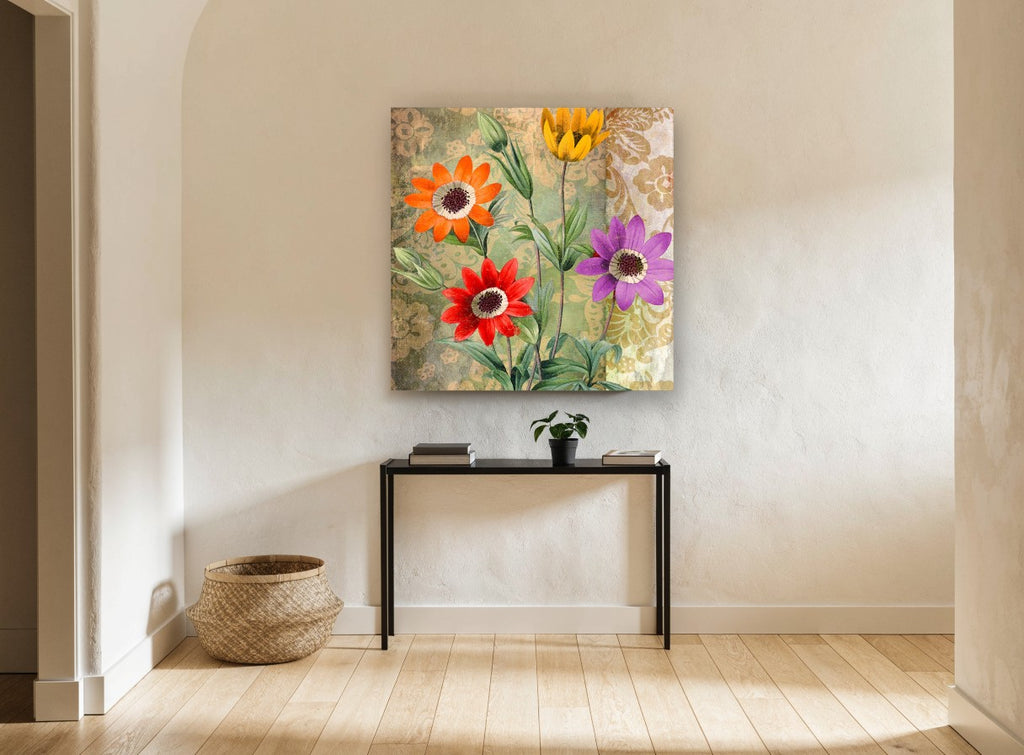 Four Daisies on Damask floral canvas print on the wall of a hallway
