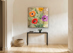 Four Daisies on Damask floral canvas print on the wall of a hallway
