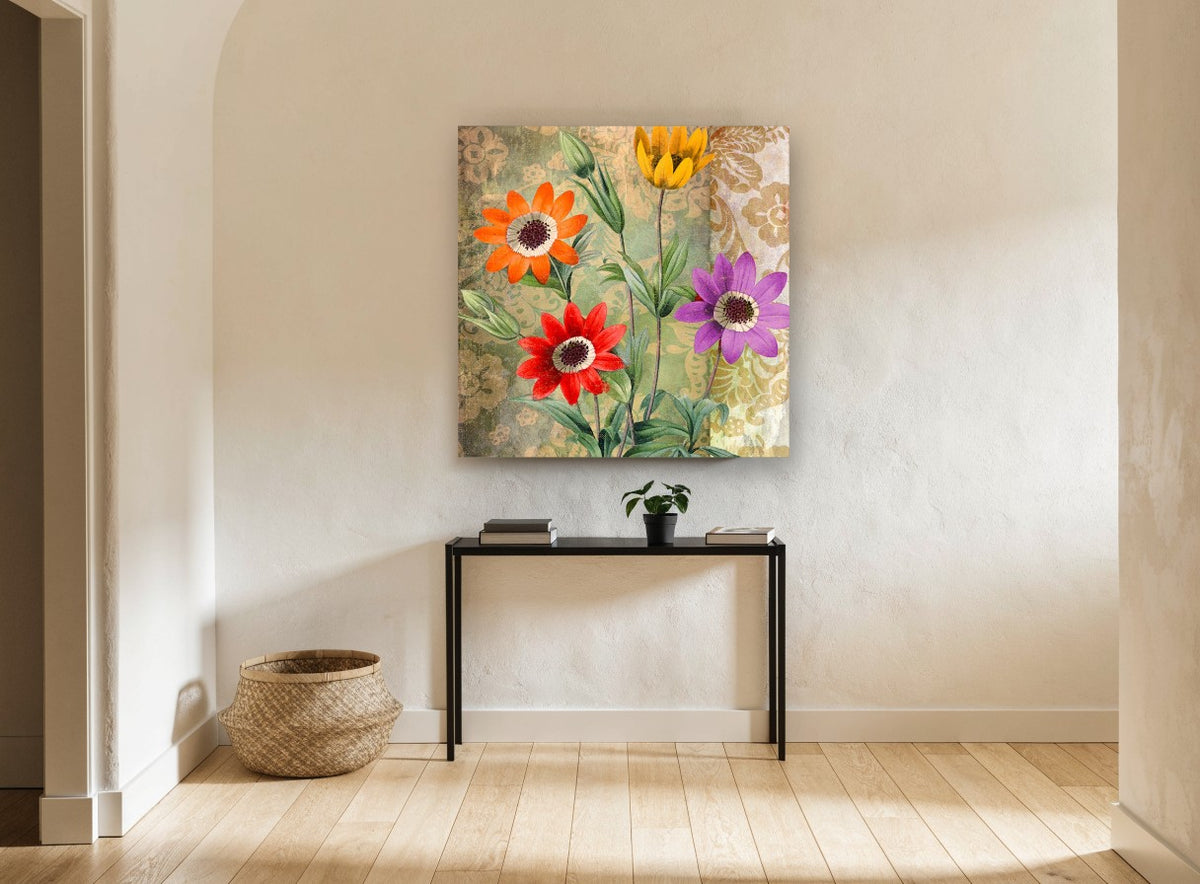 Four Daisies on Damask floral canvas print on the wall of a hallway