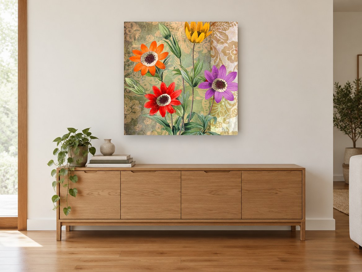 Four Daisies on Damask floral canvas print on the wall of a living room above a sideboard