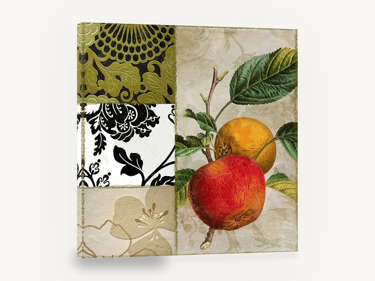 Apple and Damask Collage, red apple botanical collage kitchen, kitchen canvas wall art print ready to hang