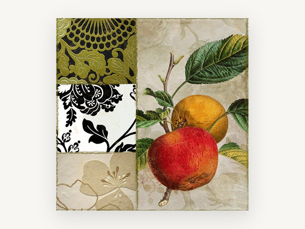 Apple and Damask Collage, kitchen canvas wall art print, front view