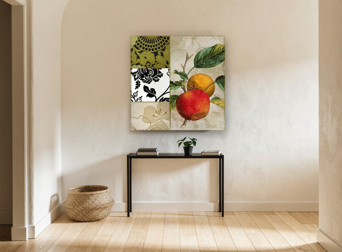 Apple and Damask Collage kitchen canvas print on the wall of a hallway