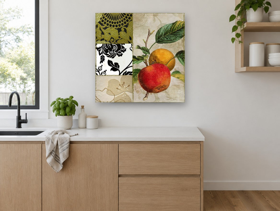 Apple and Damask Collage kitchen canvas print on the wall of a kitchen