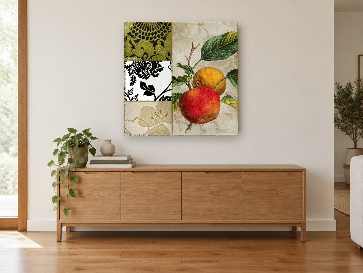 Apple and Damask Collage kitchen canvas print on the wall of a living room above a sideboard