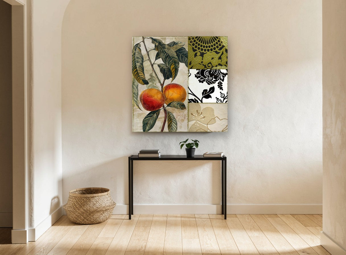 Peach Branch Damask Collage kitchen canvas print on the wall of a hallway