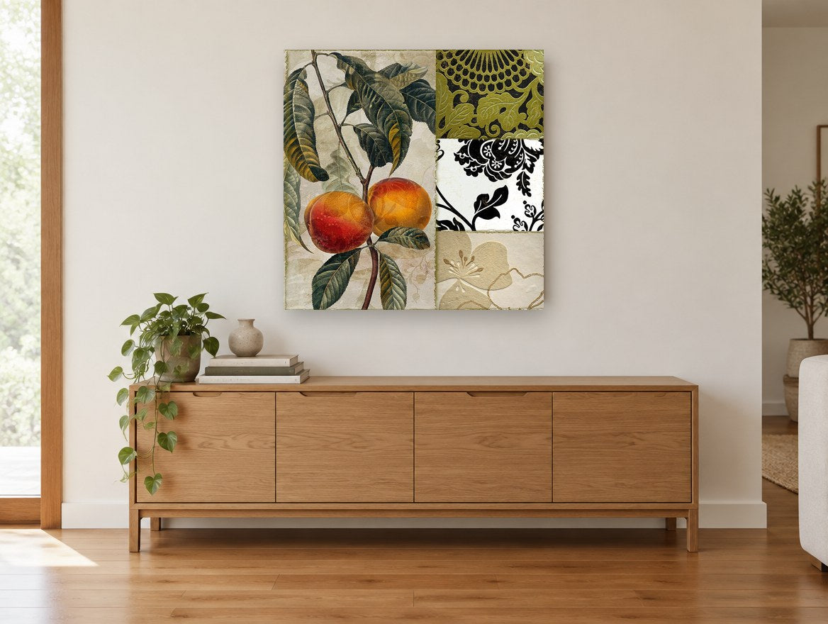 Peach Branch Damask Collage kitchen canvas print on the wall of a living room above a sideboard