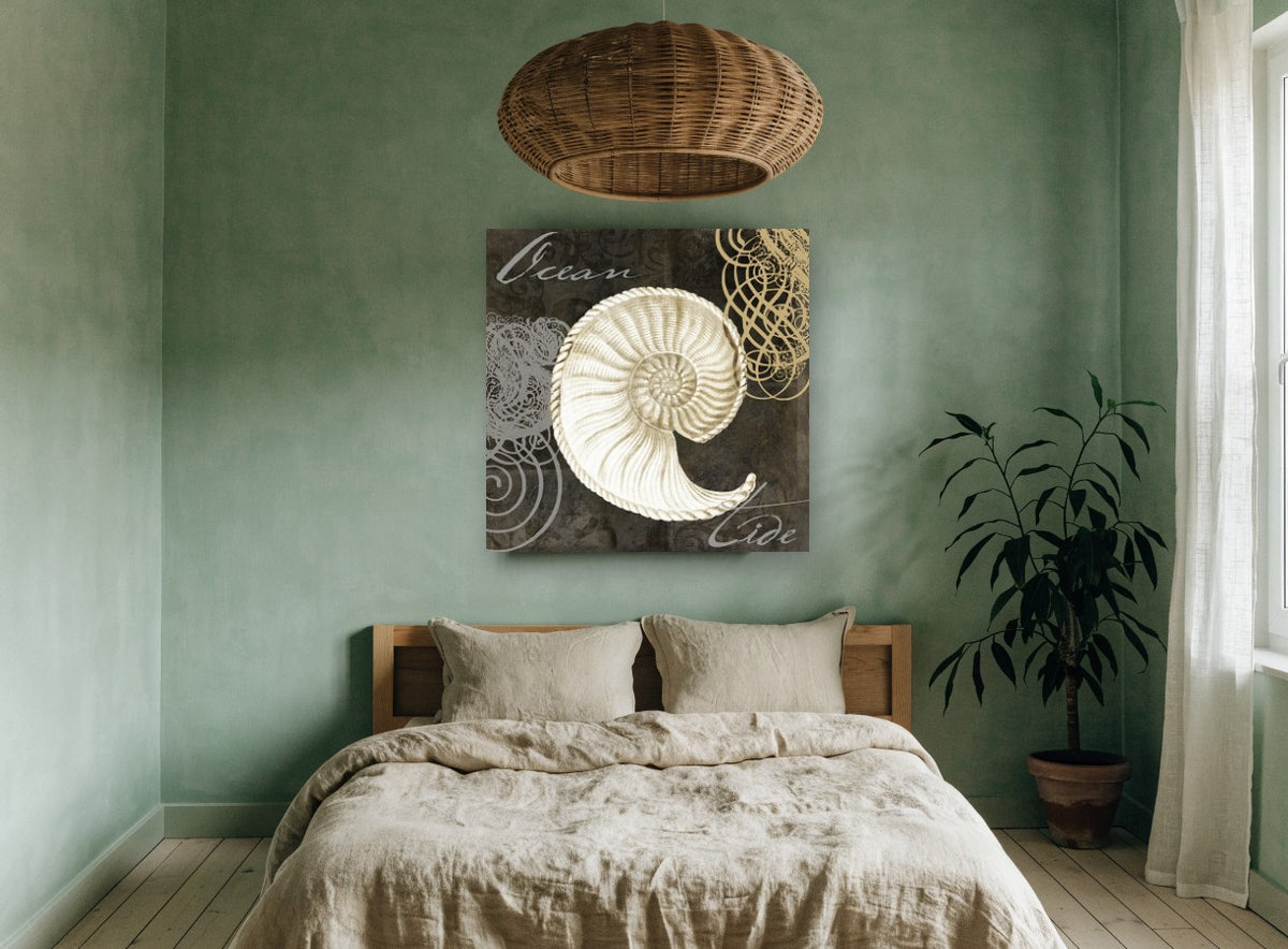 Ocean Tide Nautilus coastal canvas print on the wall of a bedroom