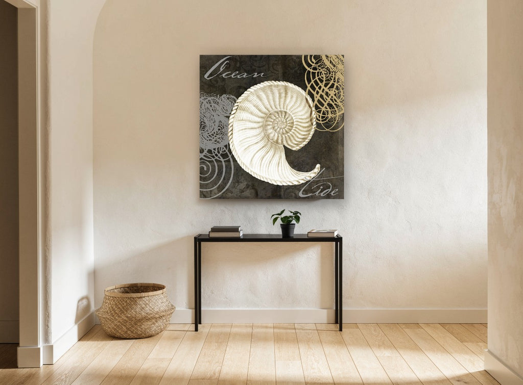 Ocean Tide Nautilus coastal canvas print on the wall of a hallway