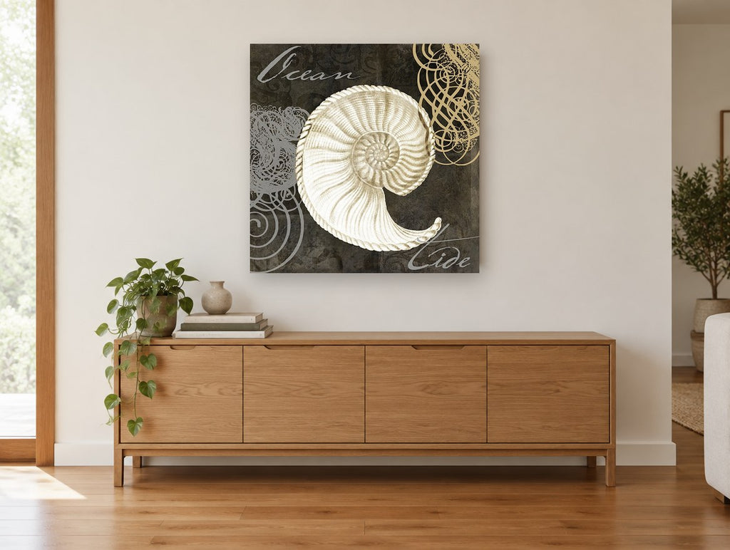 Ocean Tide Nautilus coastal canvas print on the wall of a living room above a sideboard