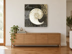 Ocean Tide Nautilus coastal canvas print on the wall of a living room above a sideboard