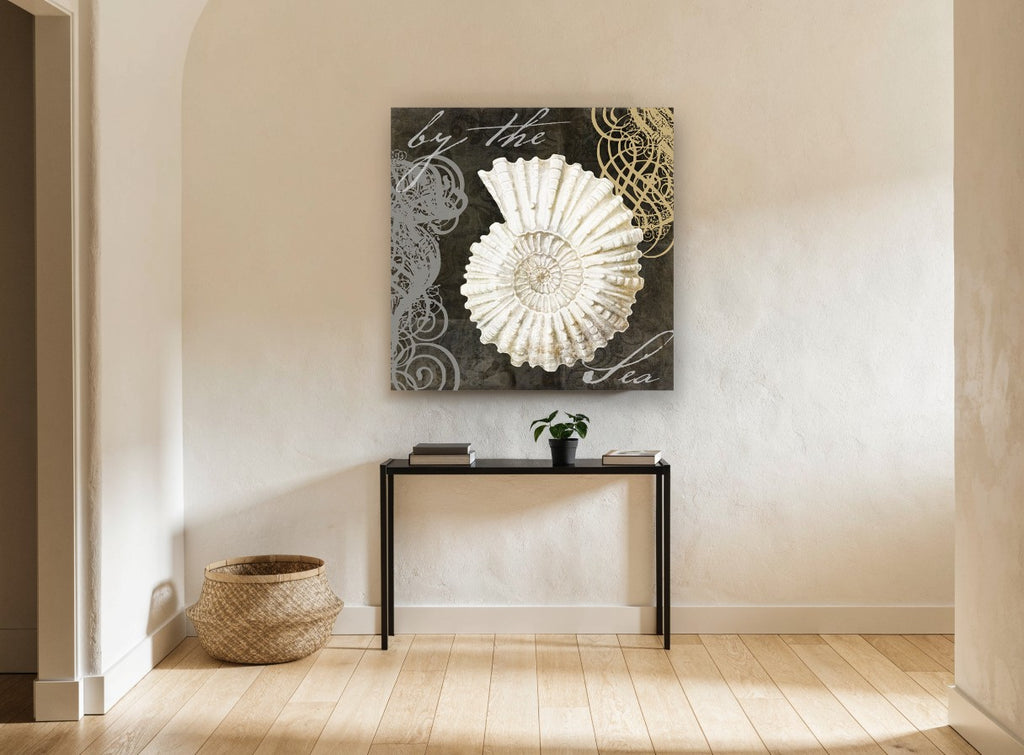 Ammonite Script Study coastal canvas print on the wall of a hallway