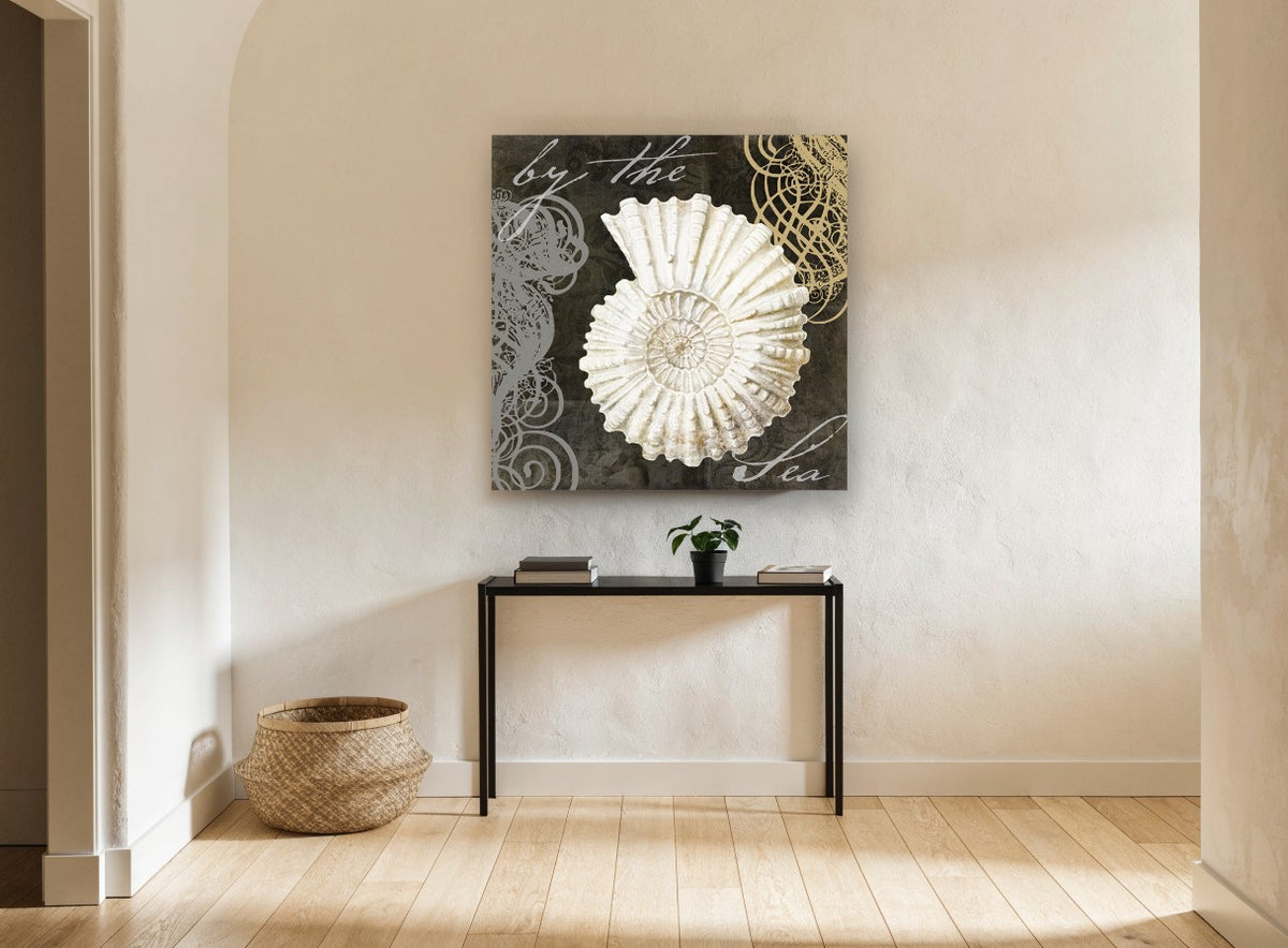 Ammonite Script Study coastal canvas print on the wall of a hallway