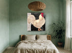 Cream Rooster Bistro animal canvas print on the wall of a bedroom