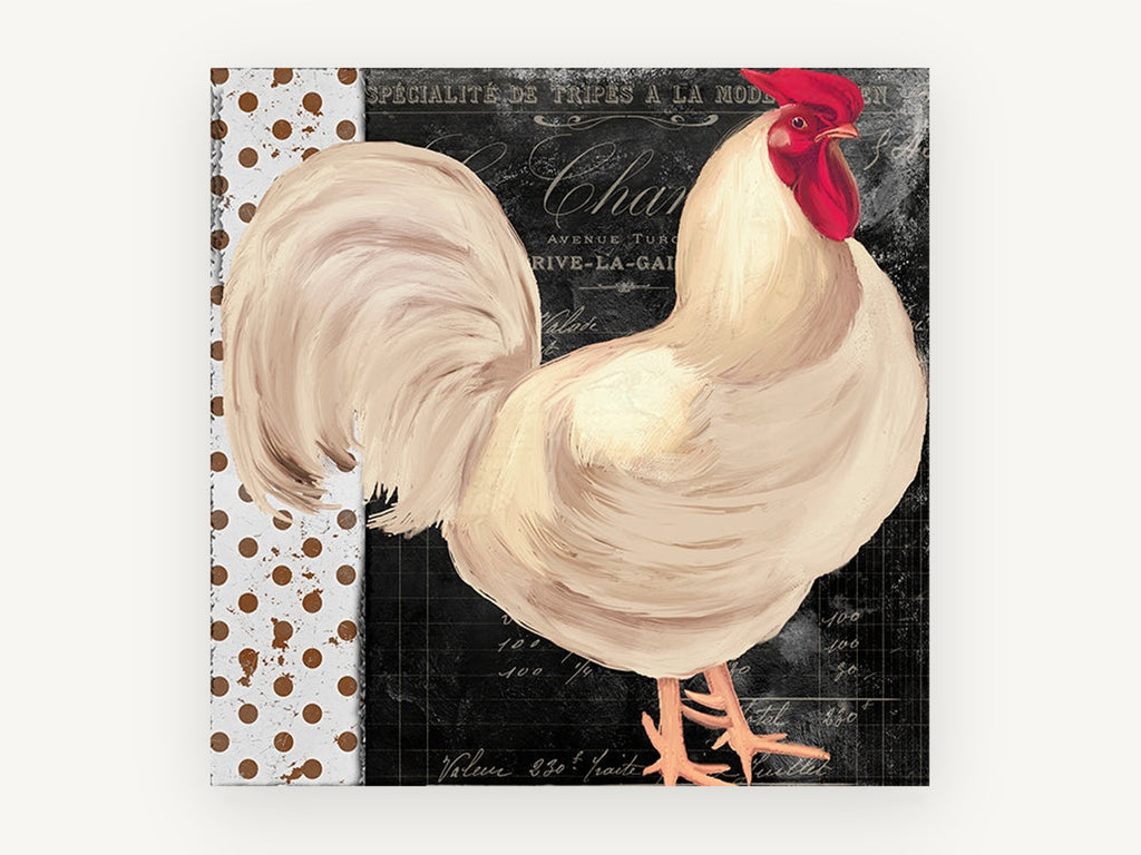 Cream Rooster Bistro, white rooster french bistro illustration, animal canvas wall art print, front view