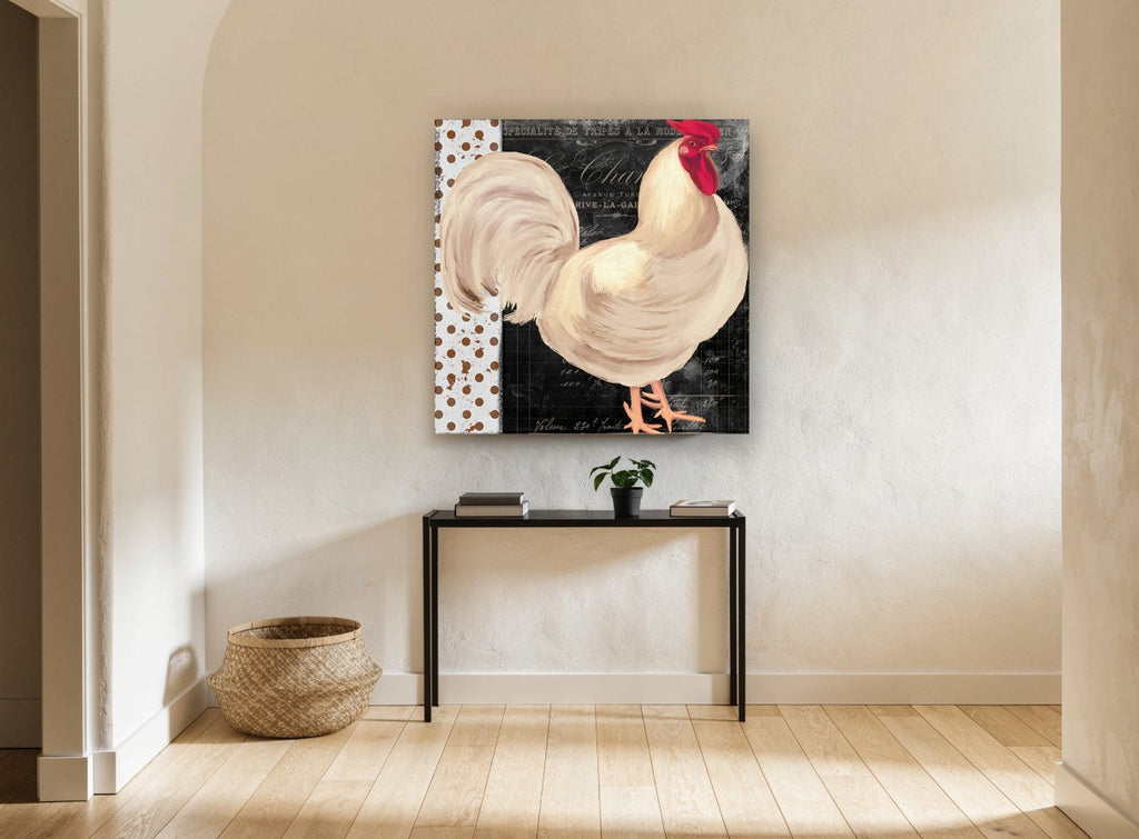 Cream Rooster Bistro animal canvas print on the wall of a hallway