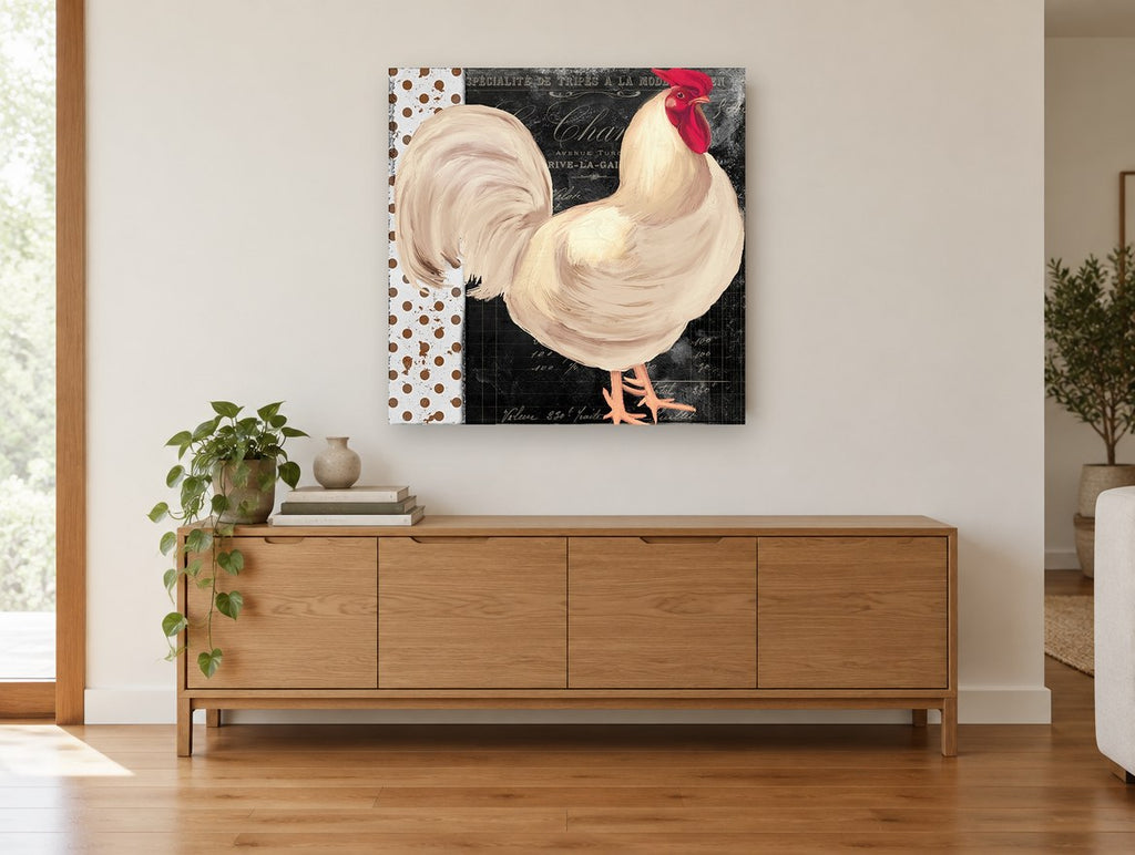 Cream Rooster Bistro animal canvas print on the wall of a living room above a sideboard