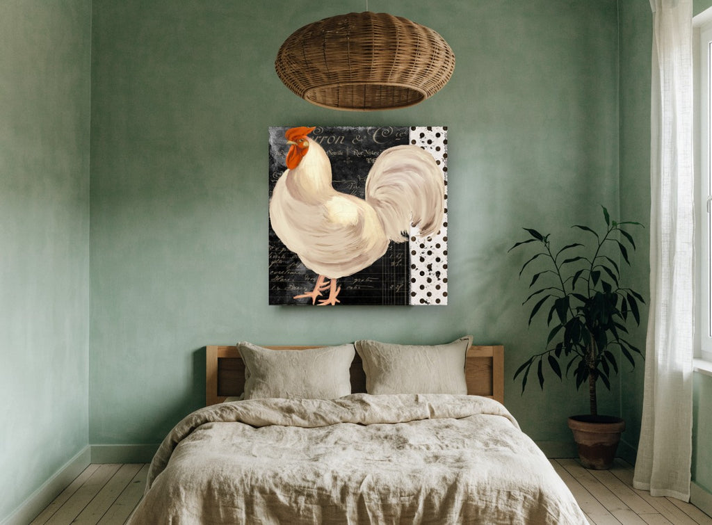 White Rooster Script animal canvas print on the wall of a bedroom