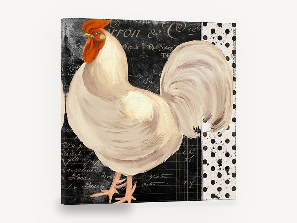 White Rooster Script, white rooster vintage script illustration, animal canvas wall art print ready to hang