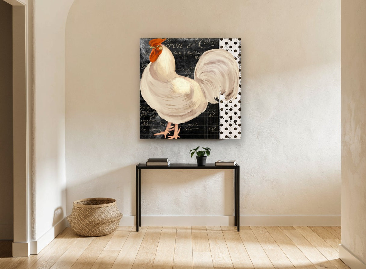 White Rooster Script animal canvas print on the wall of a hallway