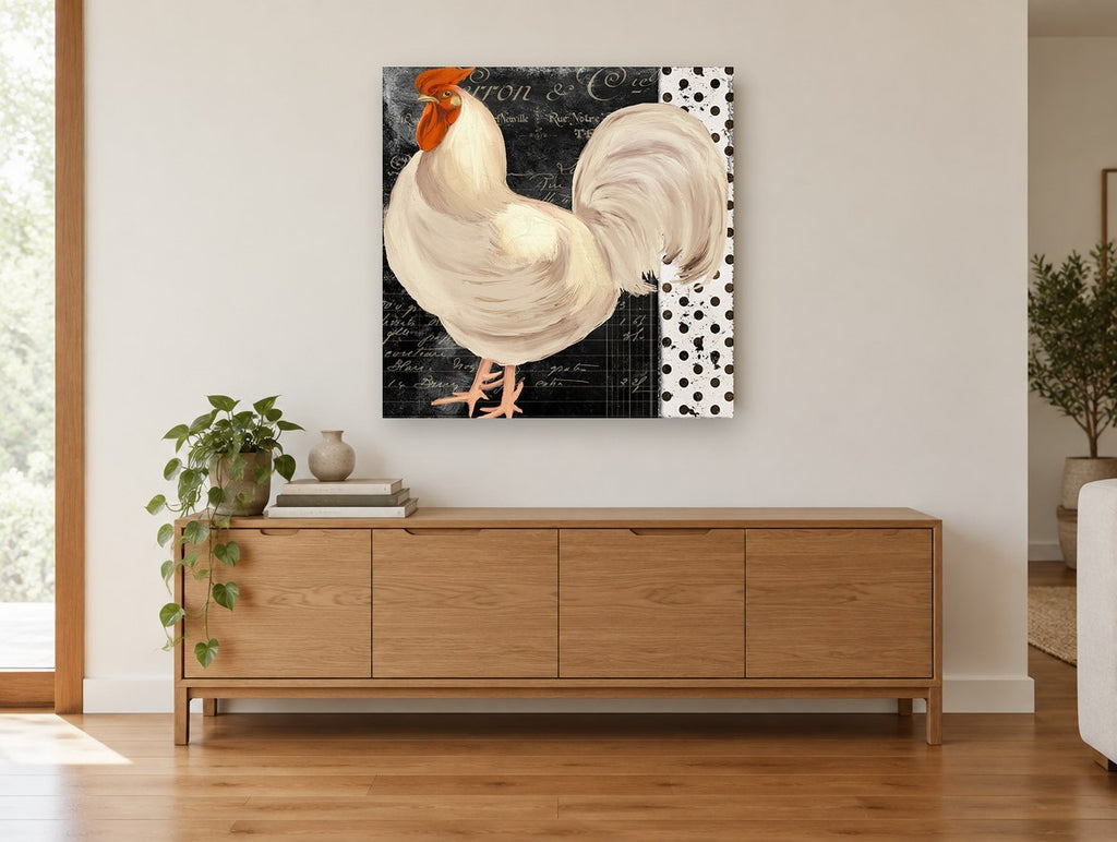 White Rooster Script animal canvas print on the wall of a living room above a sideboard