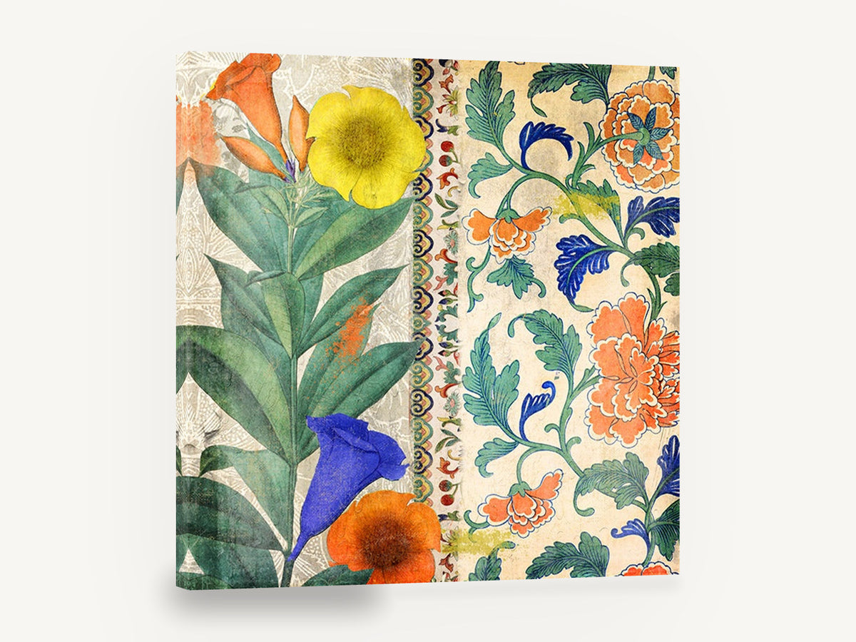 Garden Tango Panels, orange blue floral pattern collage, floral canvas wall art print ready to hang