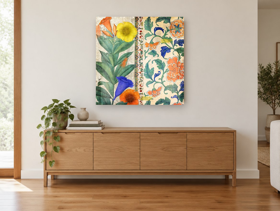 Garden Tango Panels floral canvas print on the wall of a living room above a sideboard