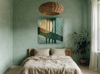 Teal Bridge Moon city canvas print on the wall of a bedroom
