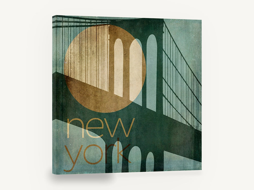 Teal Bridge Moon, new york bridge typography illustration, city canvas wall art print ready to hang