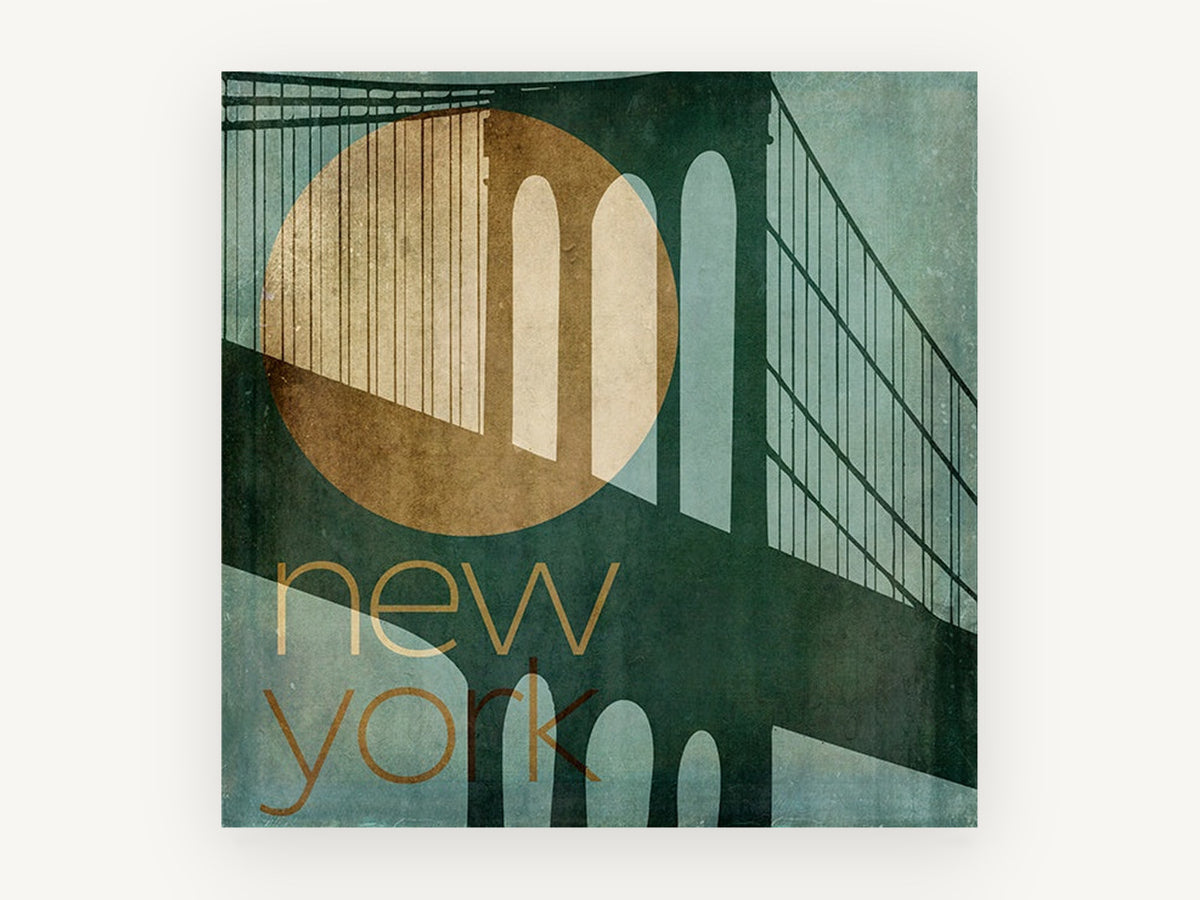 Teal Bridge Moon, new york bridge typography illustration, city canvas wall art print, front view