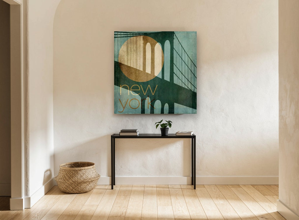 Teal Bridge Moon city canvas print on the wall of a hallway