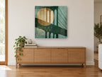 Teal Bridge Moon city canvas print on the wall of a living room above a sideboard