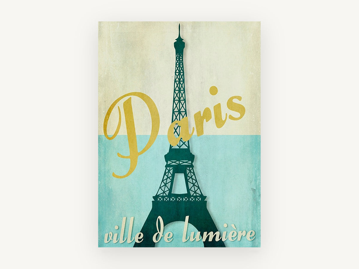 Paris Ville de Lumière, paris eiffel tower vintage travel poster, city canvas wall art print, front view