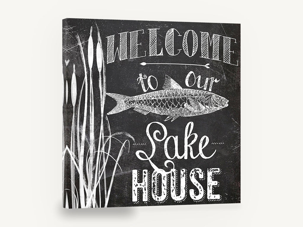 Chalkboard Lake House Welcome, lake house welcome chalkboard typography, landscape canvas wall art print ready to hang