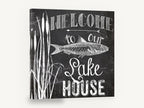 Chalkboard Lake House Welcome, lake house welcome chalkboard typography, landscape canvas wall art print ready to hang