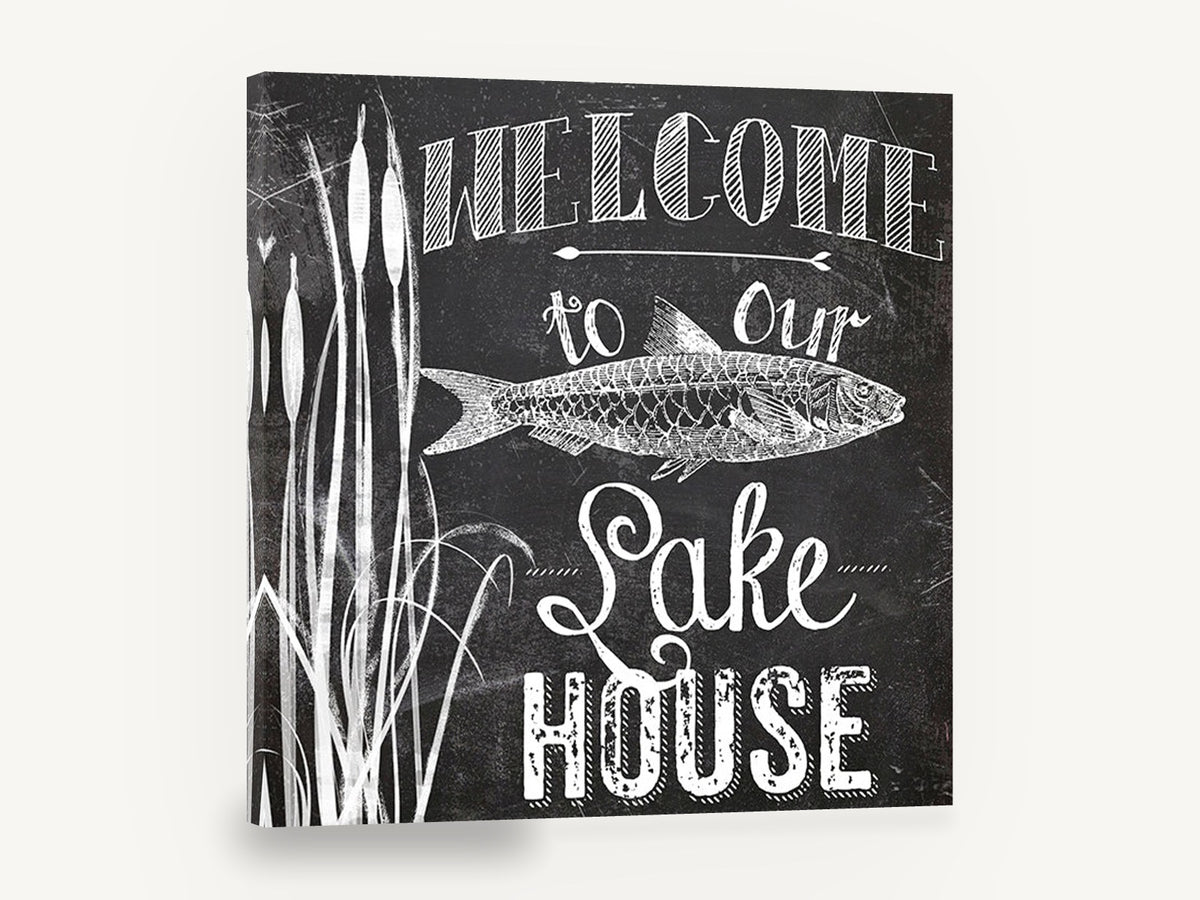 Chalkboard Lake House Welcome, lake house welcome chalkboard typography, landscape canvas wall art print ready to hang