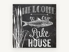 Chalkboard Lake House Welcome, lake house welcome chalkboard typography, landscape canvas wall art print, front view