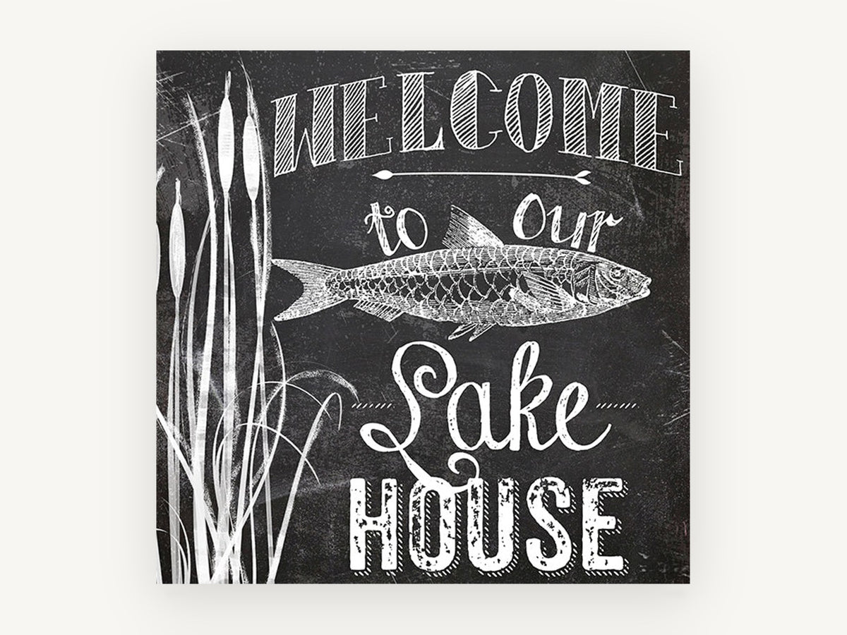 Chalkboard Lake House Welcome, lake house welcome chalkboard typography, landscape canvas wall art print, front view