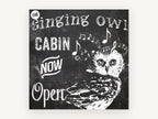 Singing Owl Cabin, chalkboard owl typography sign, animal canvas wall art print, front view