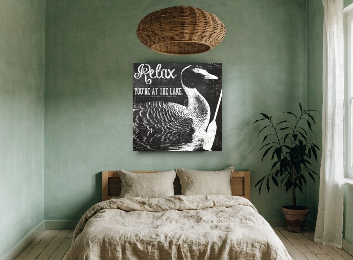 Lake Duck Chalkboard landscape canvas print on the wall of a bedroom