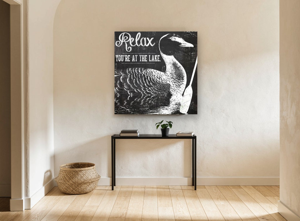 Lake Duck Chalkboard landscape canvas print on the wall of a hallway