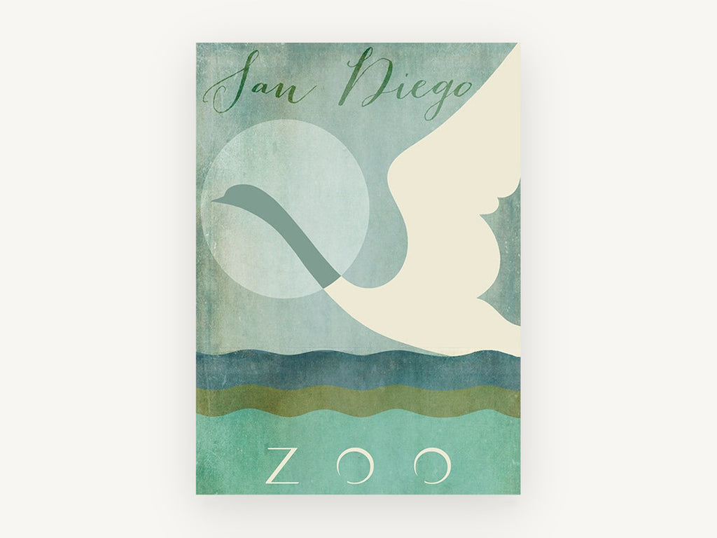 Swan Over Teal Waves, vintage swan zoo poster illustration, animal canvas wall art print, front view