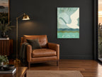 Swan Over Teal Waves animal canvas print on the wall of a charcoal living room
