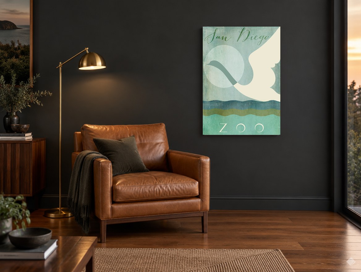 Swan Over Teal Waves animal canvas print on the wall of a charcoal living room